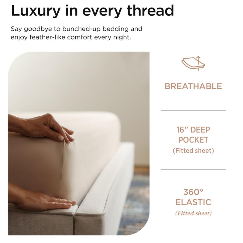 Threadmill 100% Cotton Sheets for Cal King Size Bed - 600 Thread Count Cal King Bed Sheets Set with 16â€ Deep Pocket - Sateen Weave 4-Piece Bedding Set with Cooling Effect, Beige - Image 5